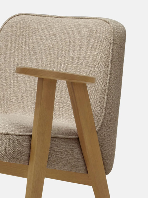 366 Concept Armchair in solid oak and Mustard Boucle Fabric
