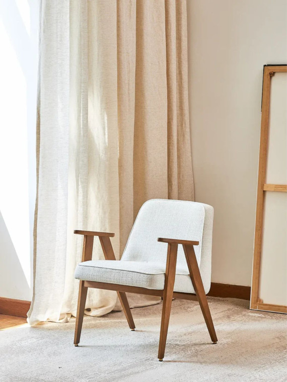 366 Concept Armchair in solid oak and Mustard Boucle Fabric