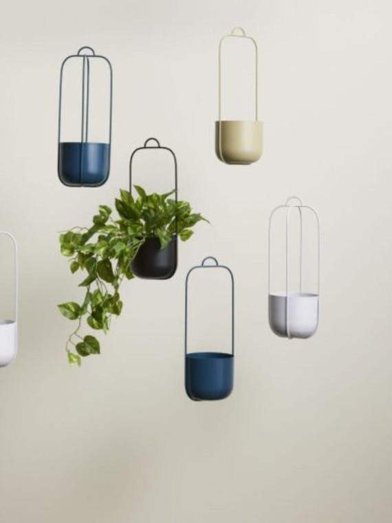 Hübsch set of 2 Lotus hanging planters in petrol blue metal.