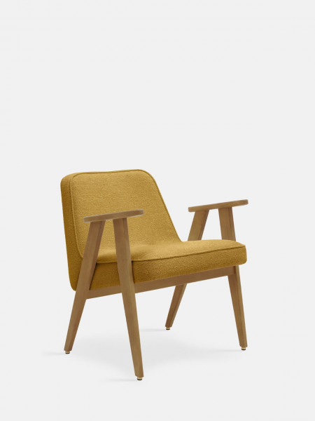 Fauteuil 366 Concept en chêne massif et tissu bouclette moutarde