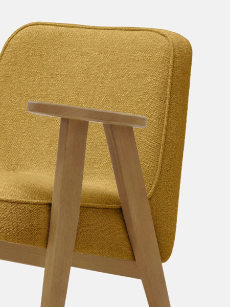 366 Concept Armchair in solid oak and Mustard Boucle Fabric