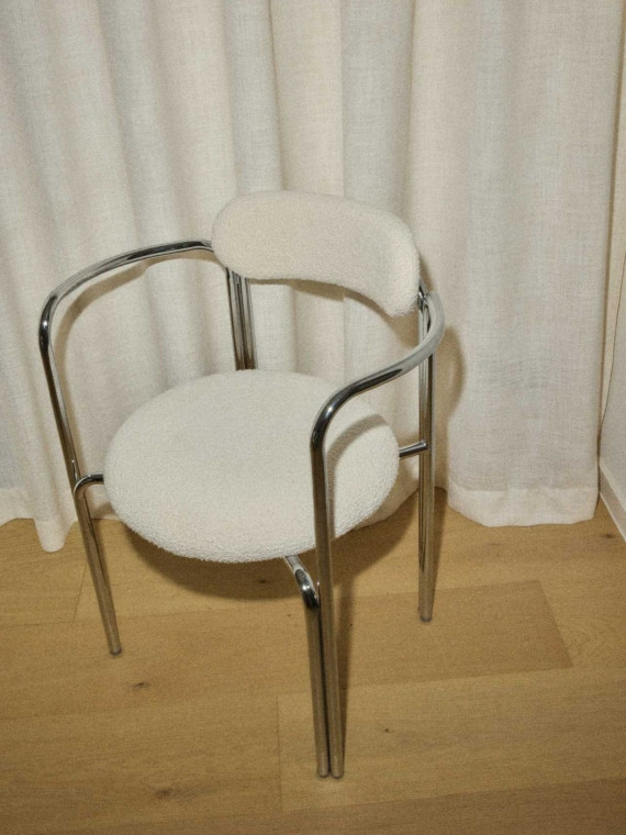 Gabrielle Paris Hortense table armchair in chromed steel and bouclette fabric