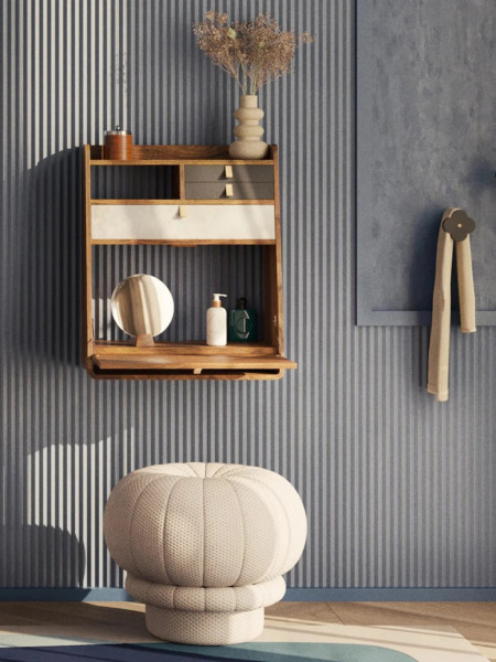 Hartô Secrétaire mural Gaston 60 cm en noyer avec tiroir gris ardoise gris clair