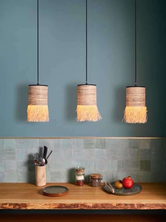 Hanging lamp in raffia and bana, Formentera 3L Market Set
