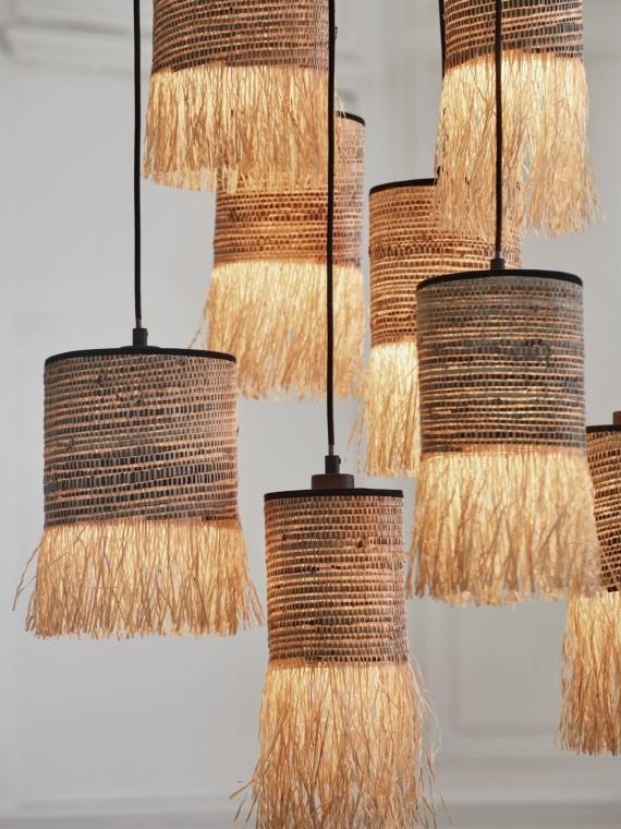 Hanging lamp in raffia and bana, Formentera grappe 8L Market Set