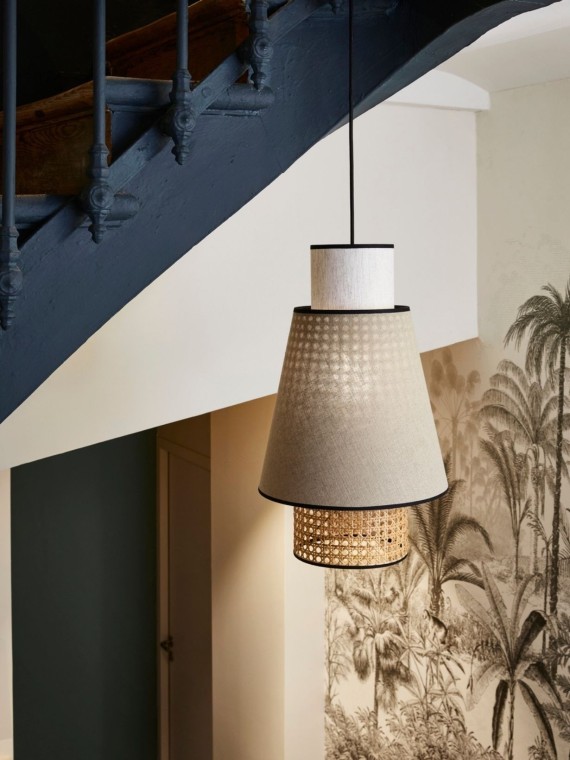 Singapore Nude S or XS Hanging lamp in washed linen and wickerwork, Market Set  | MBS Design