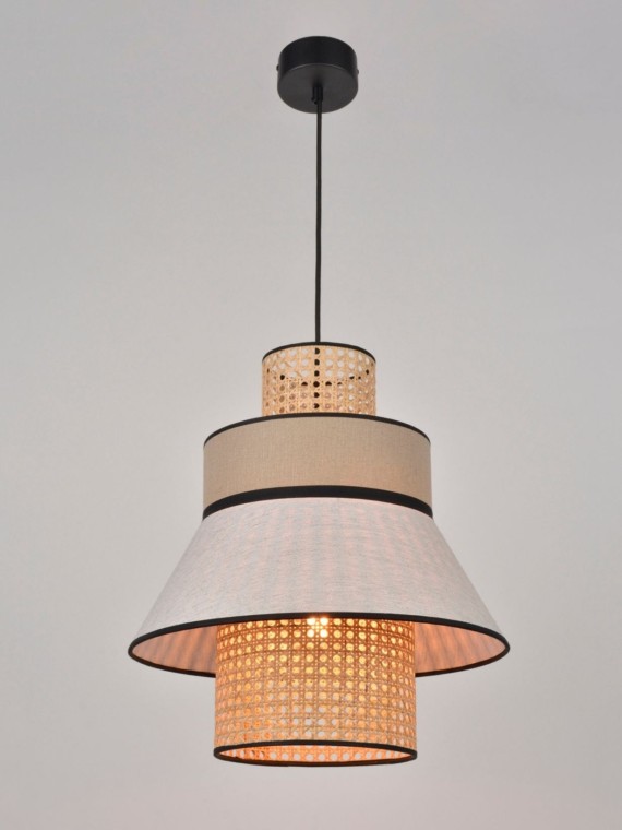 Hanging lamp in washed linen and wickerwork, nude, Singapore M Market set