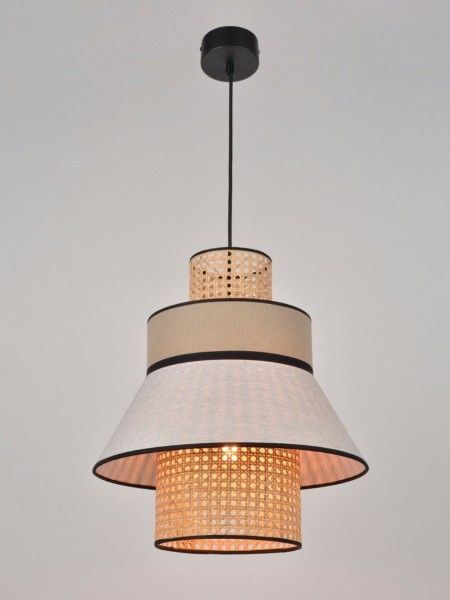 Hanging lamp in washed linen and wickerwork, nude, Singapore M Market set