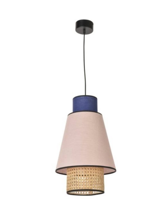 Pendant lamp in washed linen and pink and indigo blue cane, Singapore S Market set