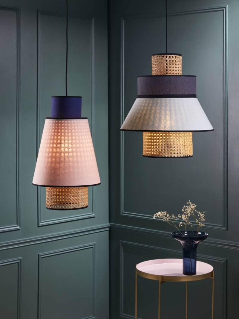 Pendant lamp in washed linen and pink and indigo blue cane, Singapore S Market set