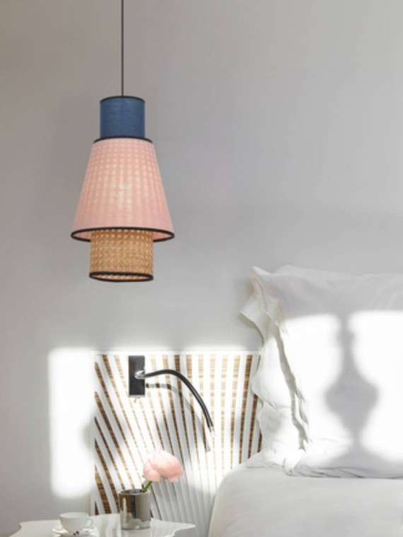 Pendant lamp in washed linen and pink and indigo blue cane, Singapore S Market set