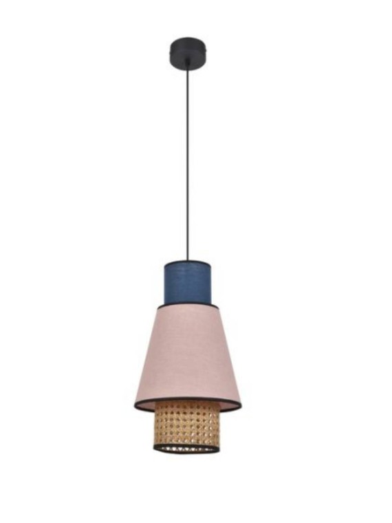 Pendant lamp in washed linen and pink and indigo blue cane, Singapore S Market set