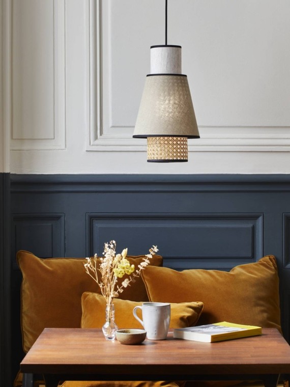 Pendant lamp in washed linen and wickerwork, nude, Singapore XS Market Set