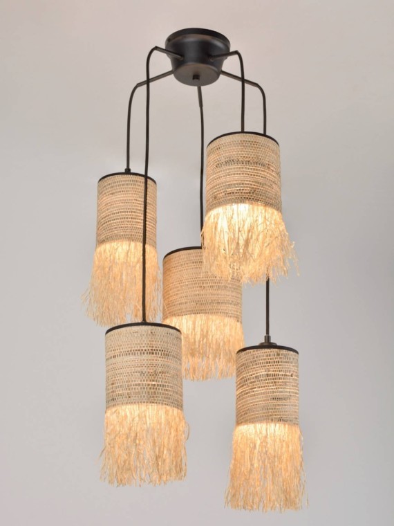 Hanging lamp in raffia and bana, Formentera bunch 5L Market Set