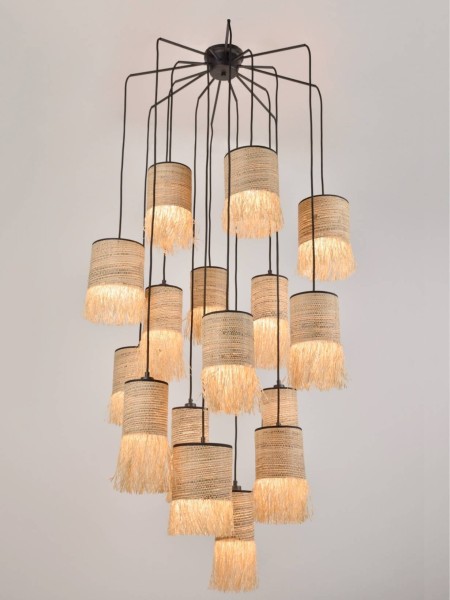 Hanging lamp in raffia and bana, Formentera grappe 16L Market Set