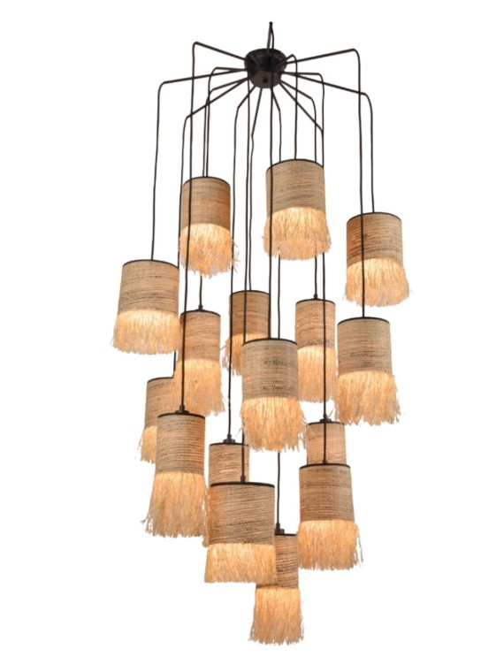 Hanging lamp in raffia and bana, Formentera grappe 16L Market Set