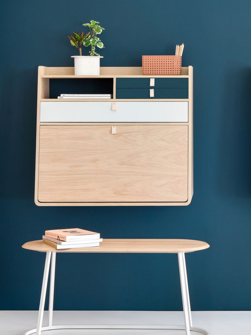 Wall secretary Gaston 80 cm with Light grey and slate grey drawers