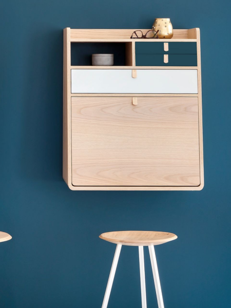 Natural oak wall secretary with light grey slate drawer Gaston 60 cm Hartô