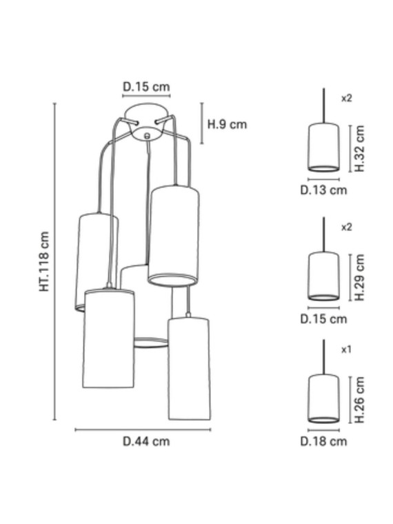 Hanging lamp Grappe in metal and fabric 5 lights Cosiness 5L Market Set