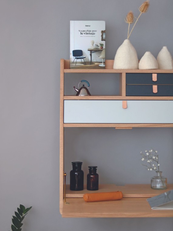 Harto Secrétaire mural Gaston 60 cm en chêne naturel avec tiroir gris ardoise gris clair