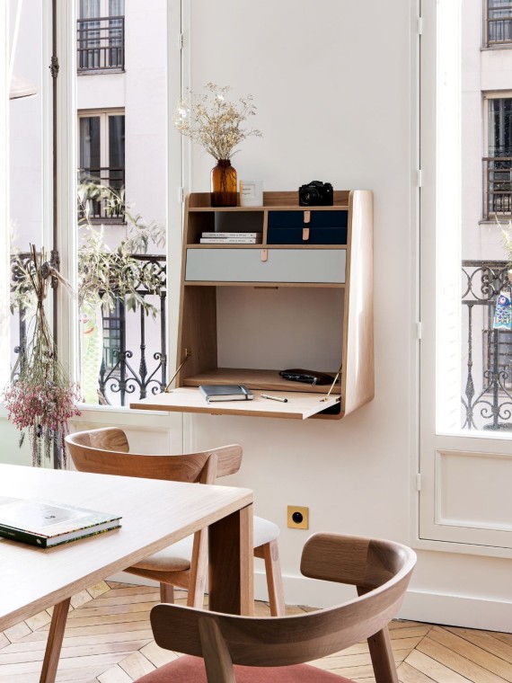 Natural oak wall secretary with light grey slate drawer Gaston 60 cm Hartô