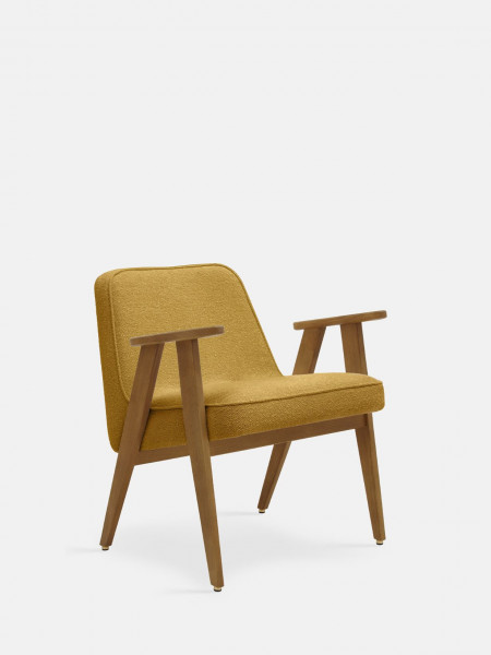 Fauteuil 366 Concept en chêne massif et tissu bouclette moutarde