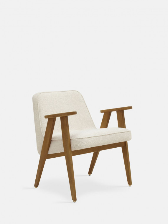 Fauteuil 366 Concept en chêne massif et tissu bouclette moutarde