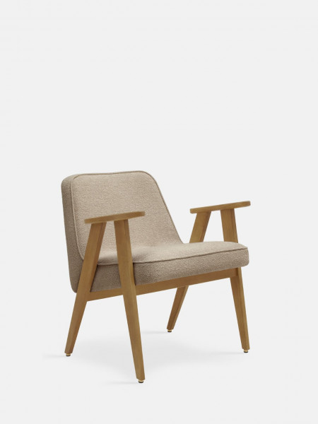 Fauteuil 366 Concept en chêne massif et tissu bouclette beige