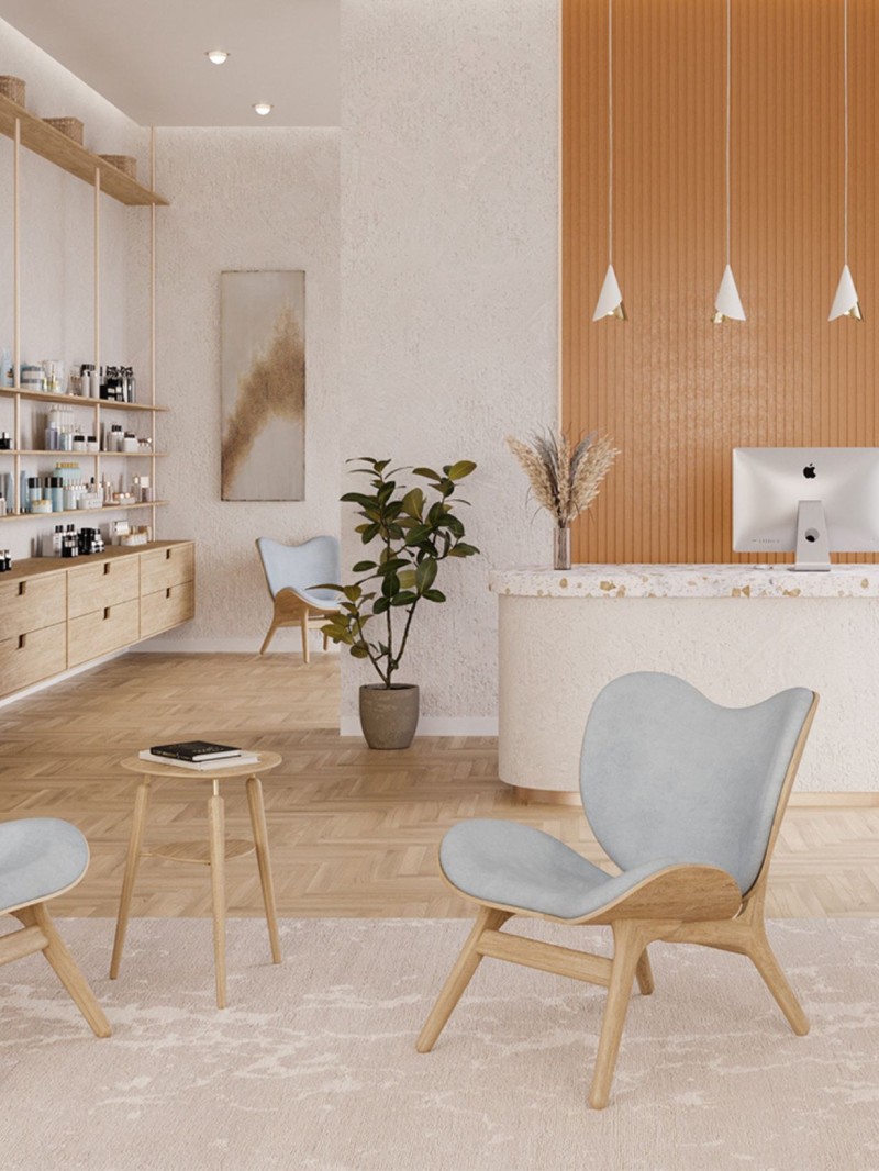 Umage Conversation Piece lounge chair low horizons natural oak white sands upholstery