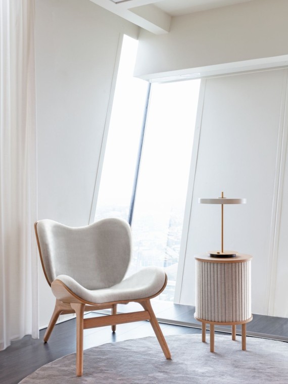 Umage Conversation Piece lounge chair low horizons natural oak white sands upholstery