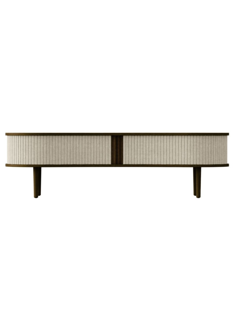 Banc TV Audacious en chêne foncé textile sable