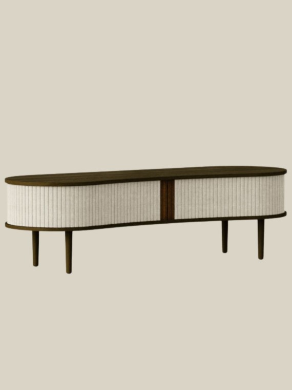 Banc TV Audacious en chêne foncé textile sable
