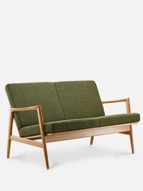 2-seater sofa in solid oak and bouclette fabric, Stefan 366 Concept