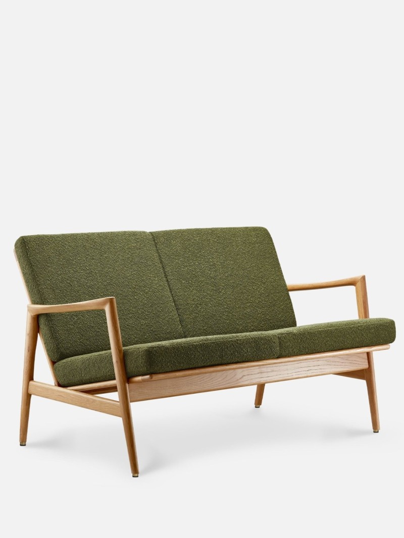 2-seater sofa in solid oak and bouclette fabric, Stefan 366 Concept
