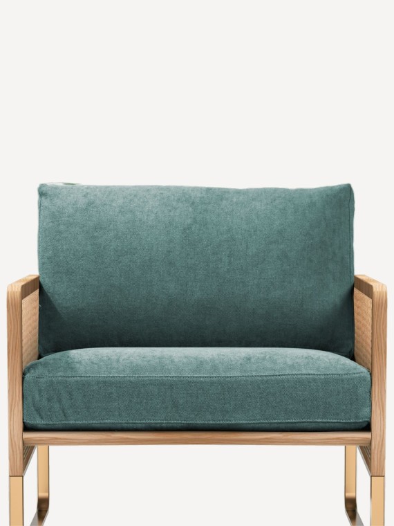 Fabric-covered cane armchair