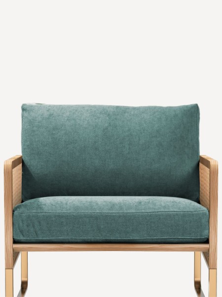 Fabric-covered cane armchair